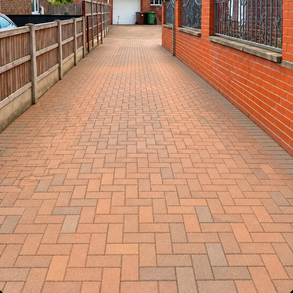 Block-paved driveway after weed clearance and cleaning